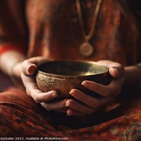 Buy canvas prints of A woman's gentle touch coaxes soothing vibrations from a Tibetan by Joaquin Corbalan