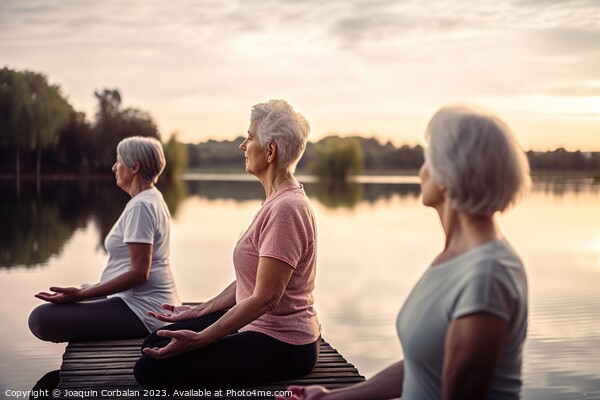 Three senior women, retired, practice yoga cross-legged in front Picture Board by Joaquin Corbalan