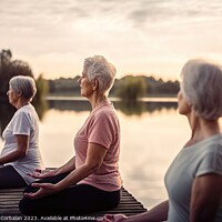 Buy canvas prints of Three senior women, retired, practice yoga cross-legged in front by Joaquin Corbalan