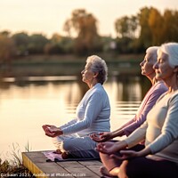 Buy canvas prints of Three graceful senior women enjoy the serenity of nature while p by Joaquin Corbalan