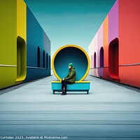 Buy canvas prints of Concept of incongruous loneliness, people alone in a colorful se by Joaquin Corbalan