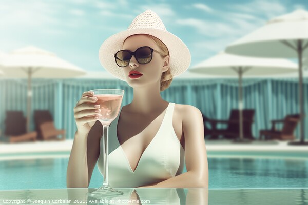 Vintage style woman, with a very elegant swimsuit and hat, has a Picture Board by Joaquin Corbalan