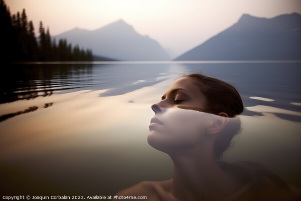 A young girl enjoys a relaxing swim in the lake, at dusk. Ai gen Picture Board by Joaquin Corbalan