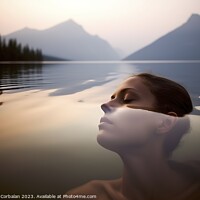 Buy canvas prints of A young girl enjoys a relaxing swim in the lake, at dusk. Ai gen by Joaquin Corbalan