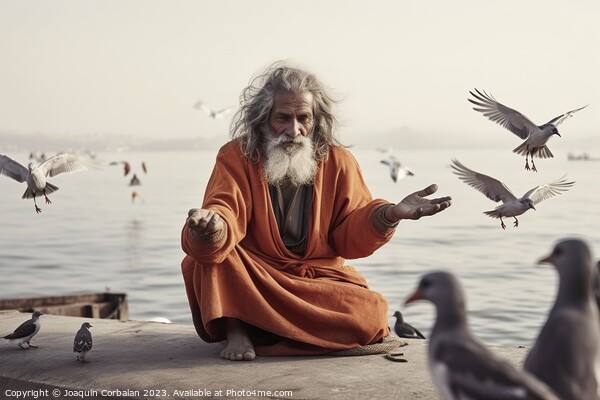 A yogi in an orange robe with a long beard, legs crossed, reflec Picture Board by Joaquin Corbalan