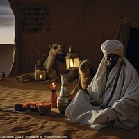 Buy canvas prints of Tuareg rest on the desert sand at dusk. Ai generated. by Joaquin Corbalan