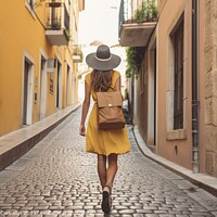 Buy canvas prints of As she strolls down the vibrant, colorful street, the young girl by Joaquin Corbalan