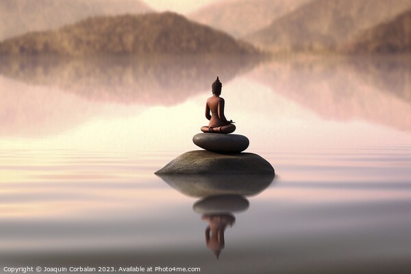A sculpture with pebbles in a calm lake and a small meditating z Picture Board by Joaquin Corbalan
