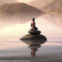 Buy canvas prints of A sculpture with pebbles in a calm lake and a small meditating z by Joaquin Corbalan