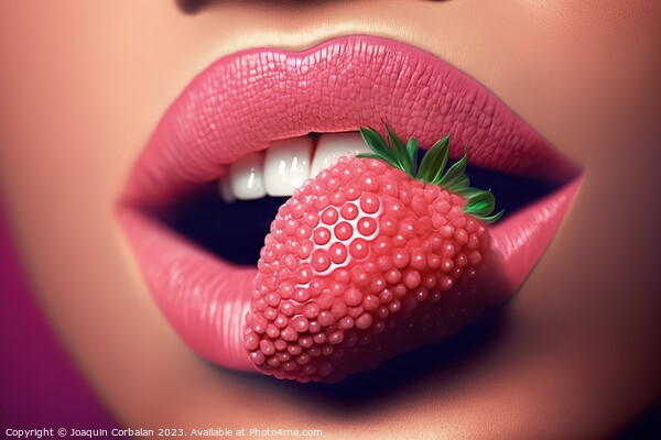 Close-up of a woman's seductive red lips bite a strawberry. Ai g Picture Board by Joaquin Corbalan