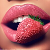 Buy canvas prints of Close-up of a woman's seductive red lips bite a strawberry. Ai g by Joaquin Corbalan