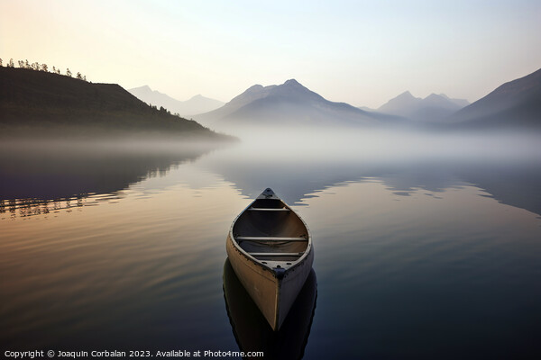 morning mist, a solitary canoe glides upon the tranquil lake. Ai Picture Board by Joaquin Corbalan