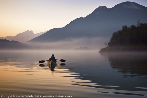 morning mist, a solitary canoe glides upon the tranquil lake. Ai Picture Board by Joaquin Corbalan