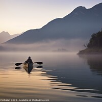 Buy canvas prints of morning mist, a solitary canoe glides upon the tranquil lake. Ai by Joaquin Corbalan