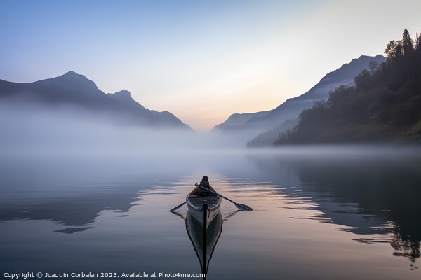 The morning mist cools the calm lake on which a lone canoe float Picture Board by Joaquin Corbalan