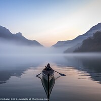 Buy canvas prints of The morning mist cools the calm lake on which a lone canoe float by Joaquin Corbalan