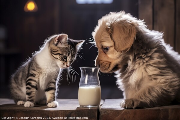 camaraderie, the cat generously shares its milk wi Picture Board by Joaquin Corbalan