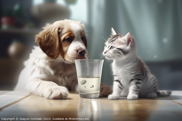 A cat shares its milk with its friend the dog. Ai generated. Picture Board by Joaquin Corbalan