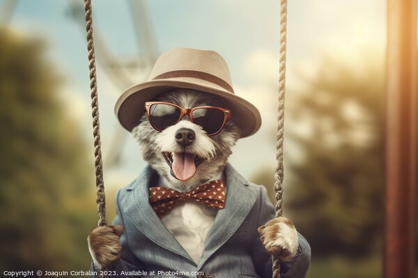 A little dog in clothes and glasses swings funny o Picture Board by Joaquin Corbalan
