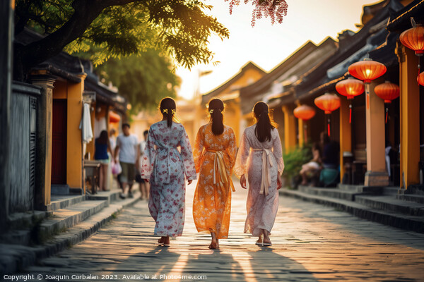 Two young girls in traditional Vietnamese dress walk down a stre Picture Board by Joaquin Corbalan
