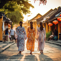 Buy canvas prints of Two young girls in traditional Vietnamese dress walk down a stre by Joaquin Corbalan