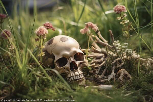 Among the grass of an abandoned orchard, a human skull terrifies Picture Board by Joaquin Corbalan