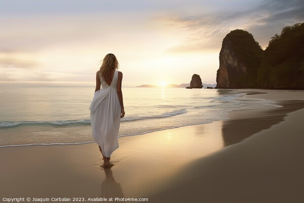 A slim woman in a white dress walks along a serene beach at dawn Picture Board by Joaquin Corbalan