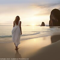 Buy canvas prints of A slim woman in a white dress walks along a serene beach at dawn by Joaquin Corbalan
