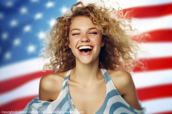 Blonde woman partying dressed in the American flag, effusively p Picture Board by Joaquin Corbalan