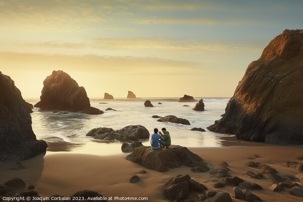 A couple walks among the rocks of a small and hidden beach at da Picture Board by Joaquin Corbalan