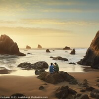 Buy canvas prints of A couple walks among the rocks of a small and hidden beach at da by Joaquin Corbalan