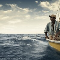 Buy canvas prints of A lonely, handsome man sails his small boat, enjoying the sea br by Joaquin Corbalan
