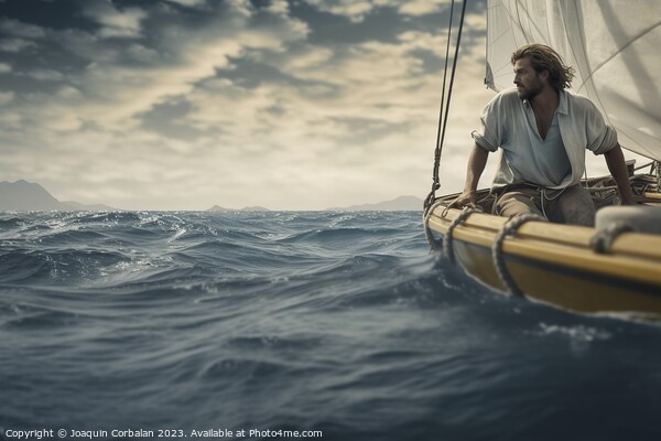 Amidst the vast sea, a handsome man sails his small boat, embrac Picture Board by Joaquin Corbalan