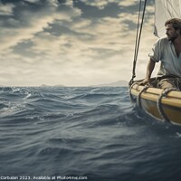 Buy canvas prints of Amidst the vast sea, a handsome man sails his small boat, embrac by Joaquin Corbalan