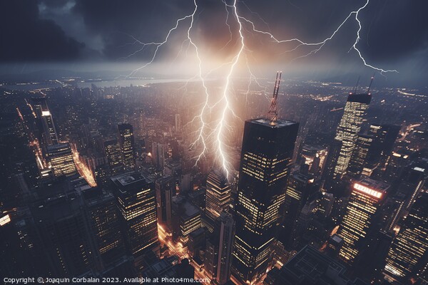 Lightning strikes a building in the financial district of a larg Picture Board by Joaquin Corbalan