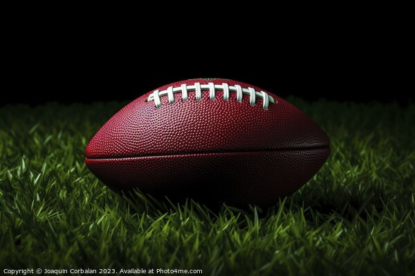 A well-worn American football rests on the lush green grass of a Picture Board by Joaquin Corbalan