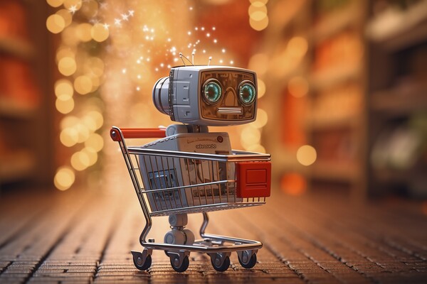 Funny little robot, assistant to do the shopping in the supermar Picture Board by Joaquin Corbalan