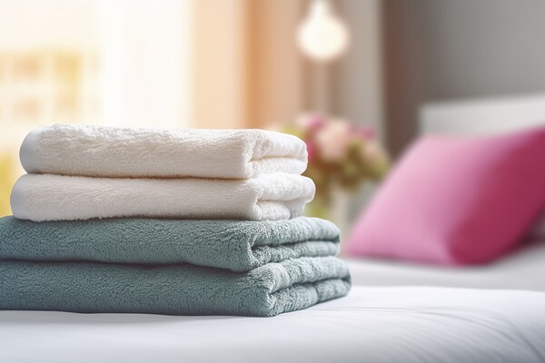 Neatly folded towels in a bright hotel room. Ai generated. Picture Board by Joaquin Corbalan