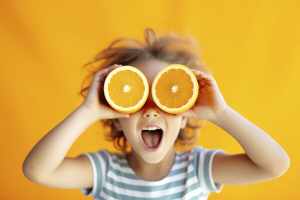 Funny summer boy places two oranges in his eyes as binoculars. A Picture Board by Joaquin Corbalan