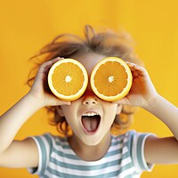 Buy canvas prints of Funny summer boy places two oranges in his eyes as binoculars. A by Joaquin Corbalan