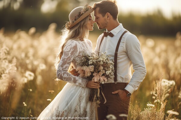 Newlyweds pose happily in a photo session in the countryside with rural clothes. Ai generated. Picture Board by Joaquin Corbalan