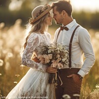 Buy canvas prints of Newlyweds pose happily in a photo session in the countryside with rural clothes. Ai generated. by Joaquin Corbalan