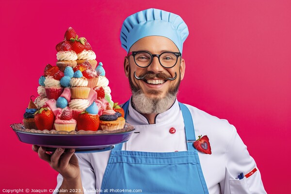 On a vibrant and colorful background, a funny chef proudly displays his freshly prepared and mouthwatering cakes. AI Generated Picture Board by Joaquin Corbalan