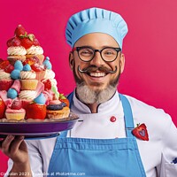 Buy canvas prints of On a vibrant and colorful background, a funny chef proudly displays his freshly prepared and mouthwatering cakes. AI Generated by Joaquin Corbalan