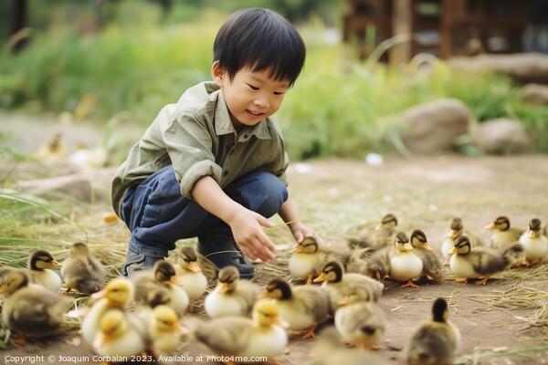 farm boy gently cradles the precious newborn chicks in his hands, savoring the magic of life on the farm. AI Generated Picture Board by Joaquin Corbalan