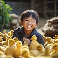 Buy canvas prints of A happy boy on the farm collects the newly hatched chicks. Ai generated. by Joaquin Corbalan