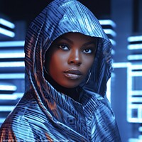 Buy canvas prints of Portrait of a black woman wearing futuristic clothes and neon background. Ai generated. by Joaquin Corbalan