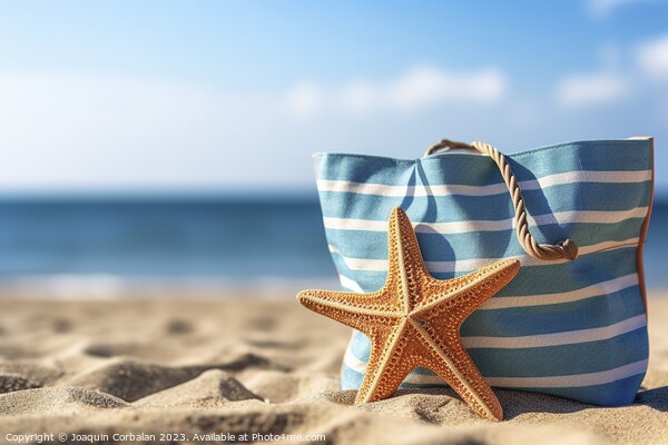 A beach bag with marine decoration, on the sand of a beach. Ai g Picture Board by Joaquin Corbalan