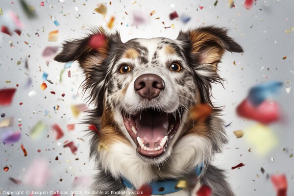A dog full of joy surrounded by flying confetti. A Picture Board by Joaquin Corbalan