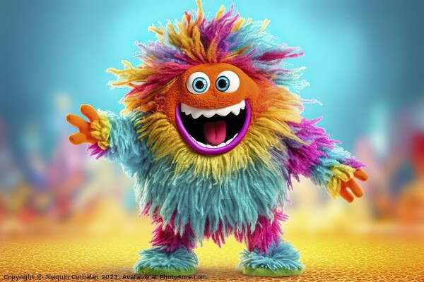 A whimsical and lively fluffy little colored monster dances and laughs on a vibrant background. AI Generated. Picture Board by Joaquin Corbalan